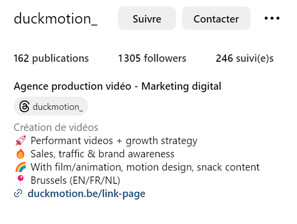 Instagram bio van het Duckmotion agentschap